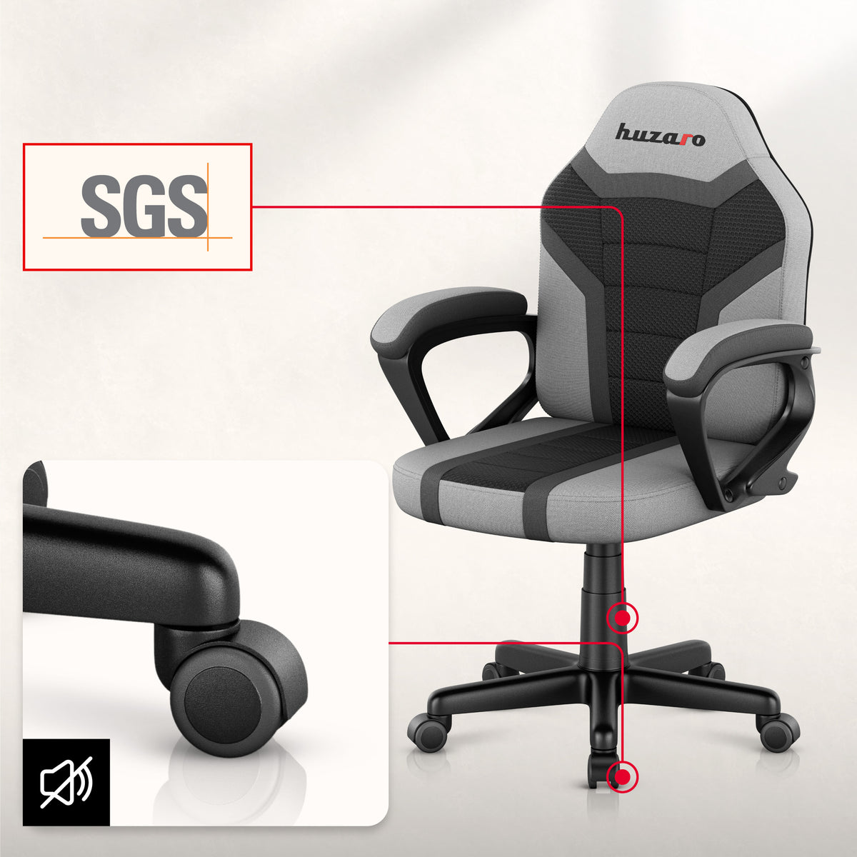 HUZARO RANGER 1.0 Grauer Mesh-Gaming-Stuhl für Kinder 